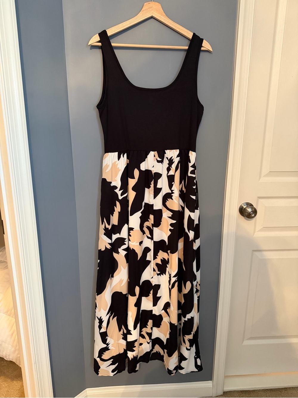 Sleeveless Black Maxi Dress with Cream & Tan Abstract Skirt